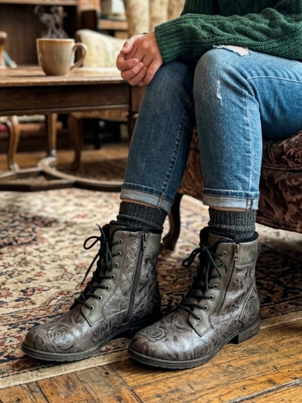 Alberto Floral Grey Lined Combat Boots